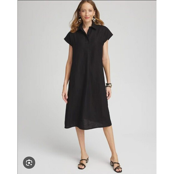 Chico’s Black Linen Shirt Dress Sz .5 Button Front Collared Short Sleeve Midi - Picture 1 of 11